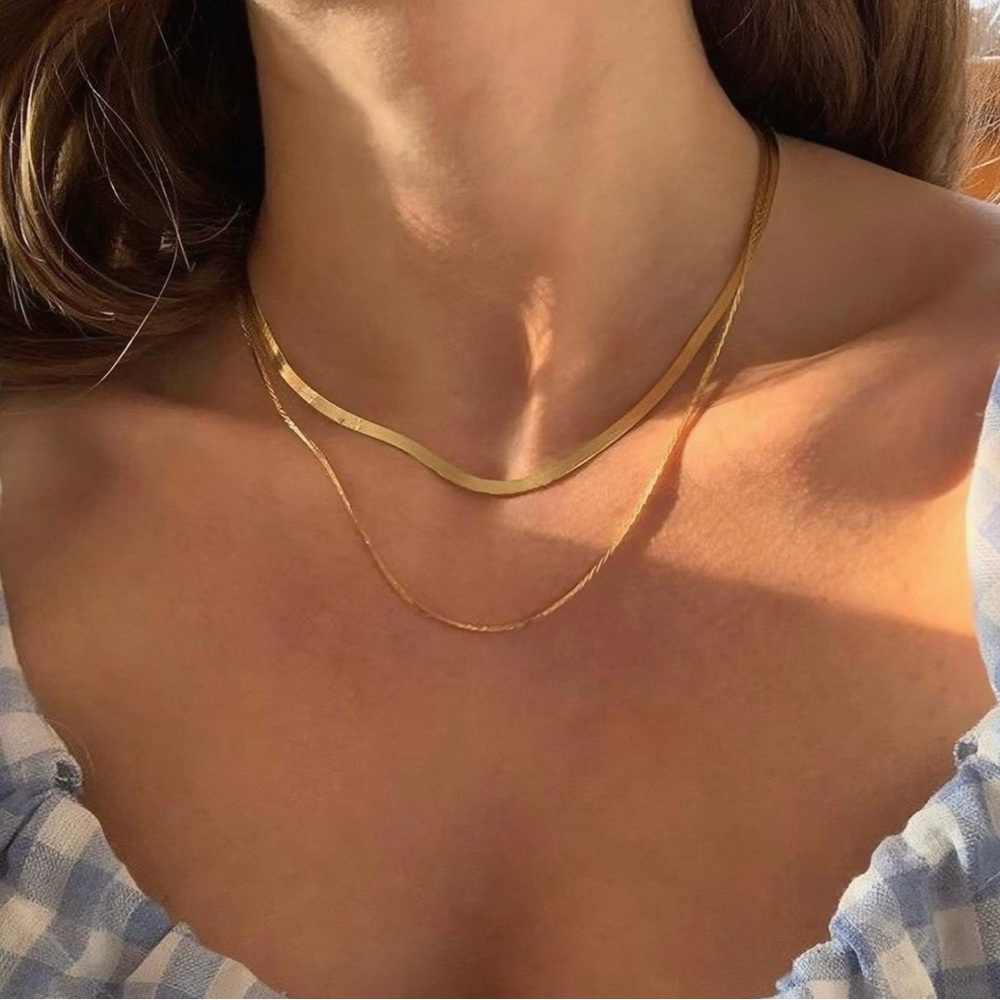 Gold Double-Layer Herringbone & Chain Necklace - Women Jewelry